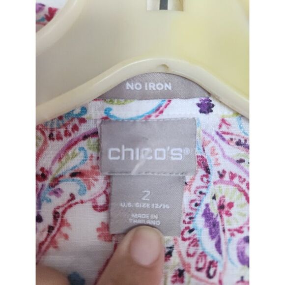 Chico's Beige w/Red Purple Pasley 100% Linen "No Iron" Button Up Blouse size 14 - Picture 5 of 7